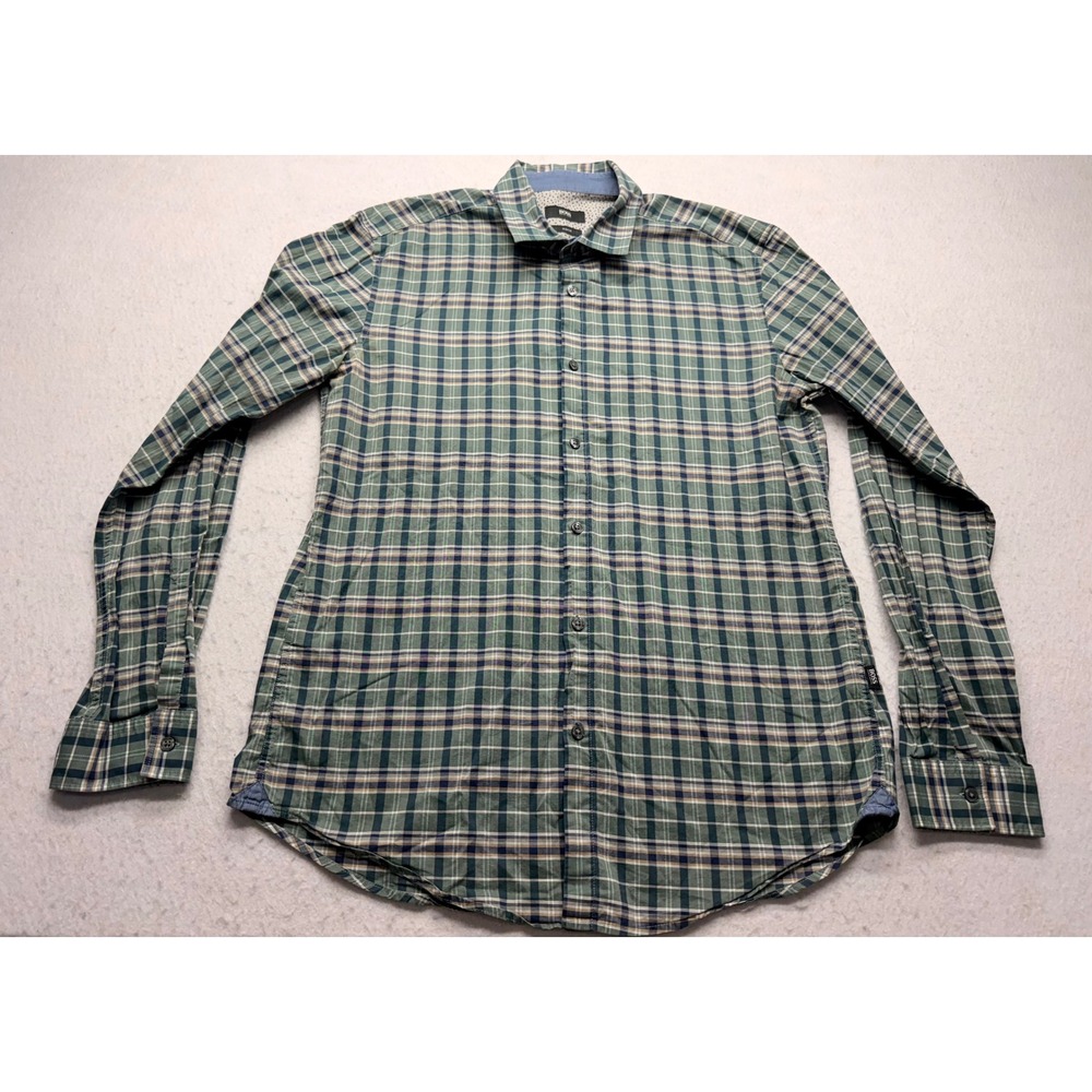 Hugo Boss Slim Fit Plaid Button Down Shirt Mens Large Green Blue Long Sleeve